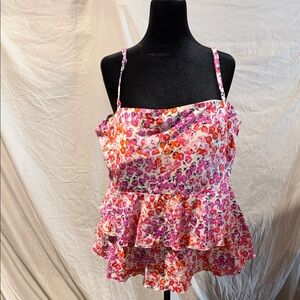 Floral Pink & Orange Tiered Ruffle Tankini Top